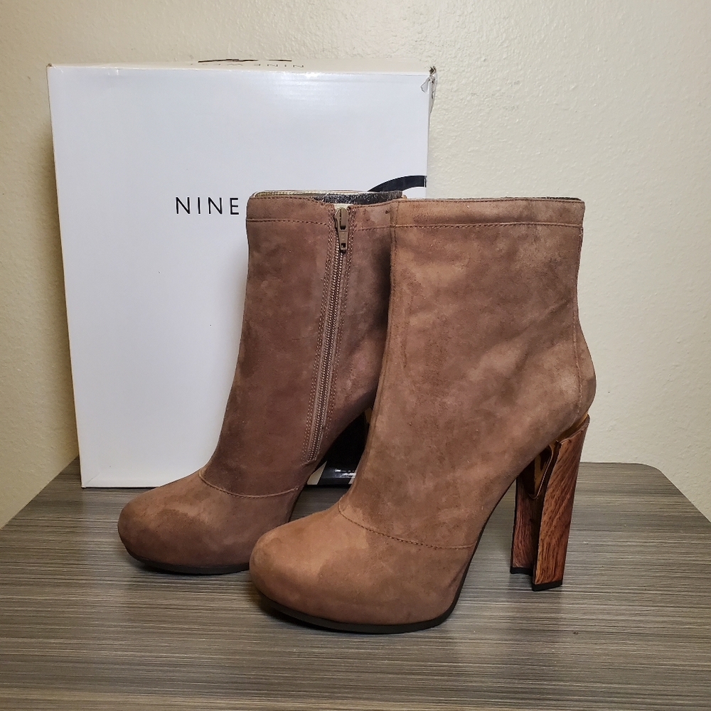 Nine West Dark Taupe Wood Gold Heel Boots Brand New in Box Size 10